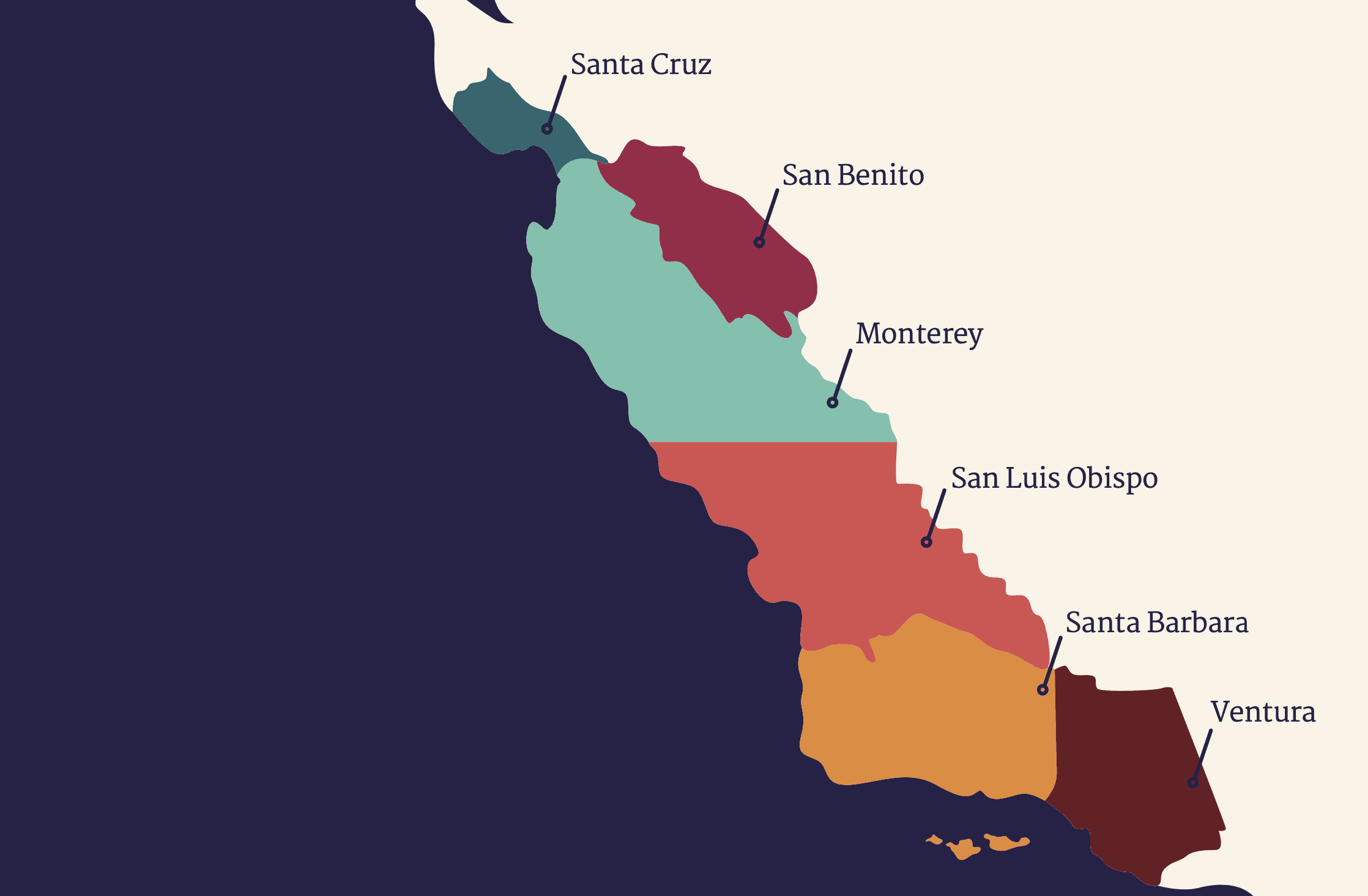 Map showing the Central Coast region of California, including Santa Cruz County, San Benito County, Monterey County, San Luis Obispo County, Santa Barbara County and Ventura County